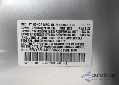 2013 Honda Pilot Ex from USA, damaged, VIN 5FNYF3H44DB006563